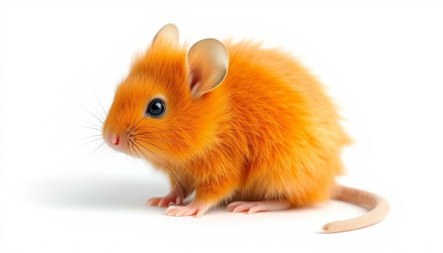 Gene-edited woolly mouse with fluffy orange fur on white background.