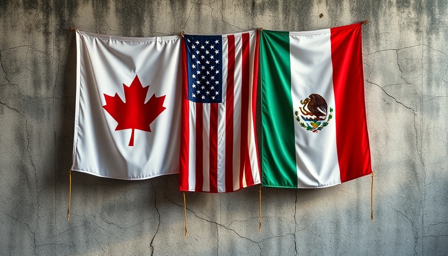 Flags of Canada, USA, Mexico symbolizing Trump tariffs impact on Mexico.