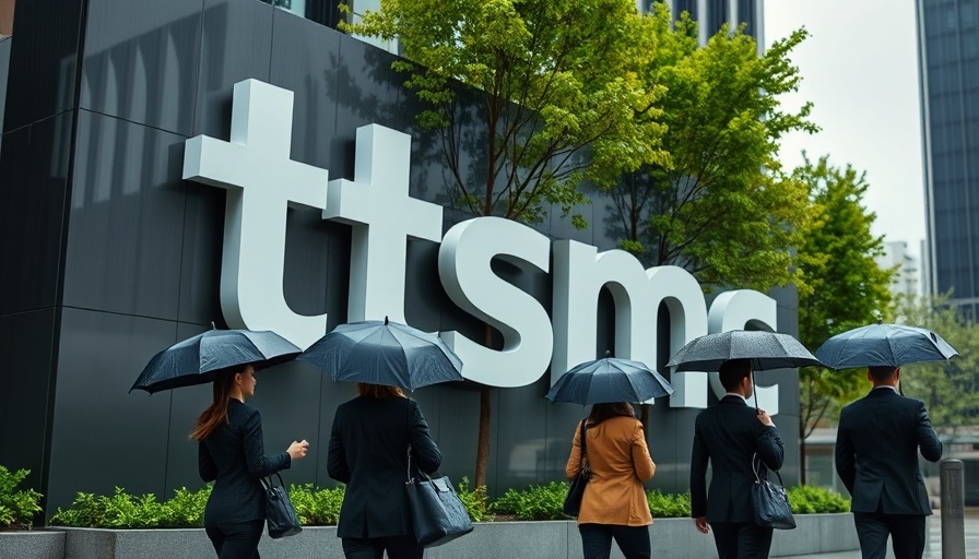 TSMC logo with people under umbrellas, discussing tariffs on Taiwanese chips.