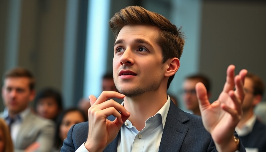 Young speaker gesturing expressively in a conference setting, discussing Box stock foreign exchange impact.