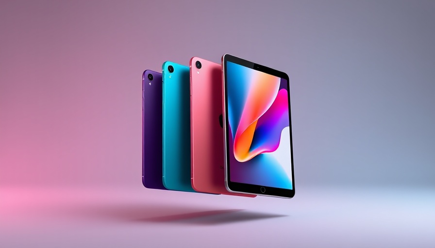 Apple iPad Air M3 Chip models in vibrant colors floating against gradient background.