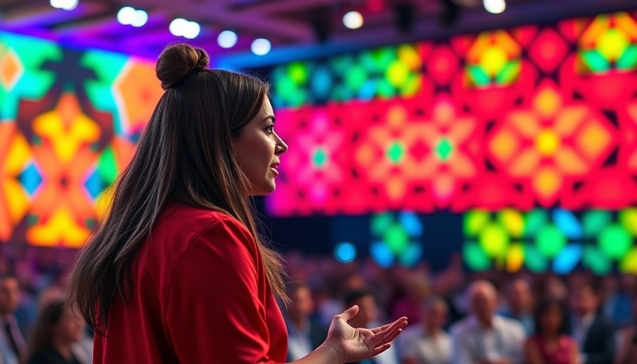 Young woman speaking at a tech conference about gender inequity in European deep tech.