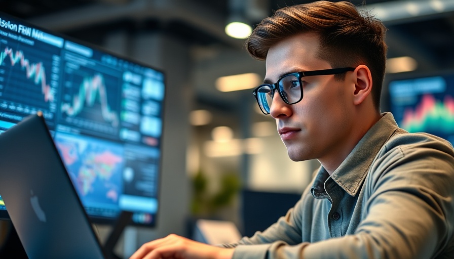 Young man working on laptop in modern office with digital screens.