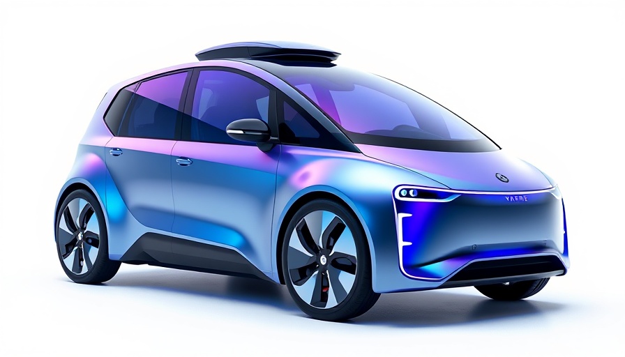 Futuristic self-driving car with sleek design and colorful reflections.
