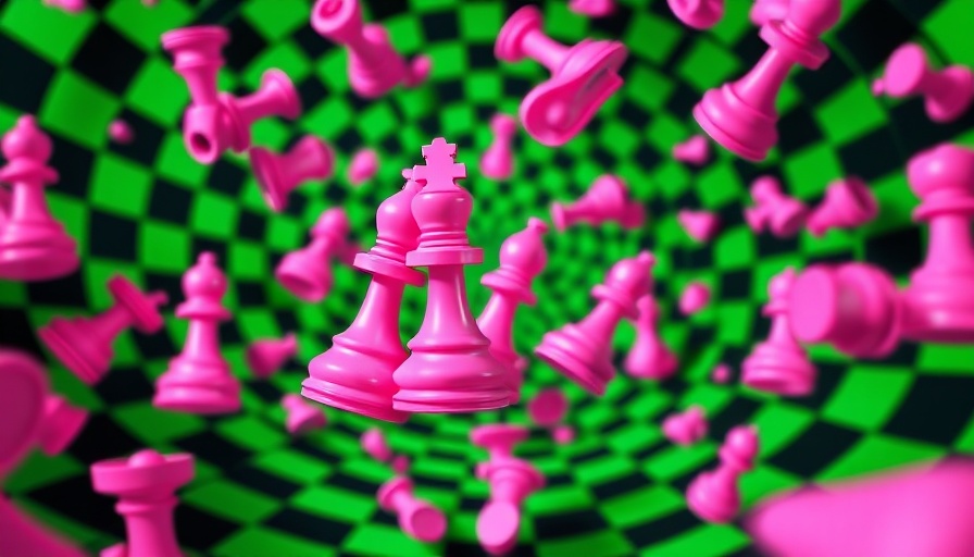 Surreal chess pieces in green vortex, AI reasoning models theme.