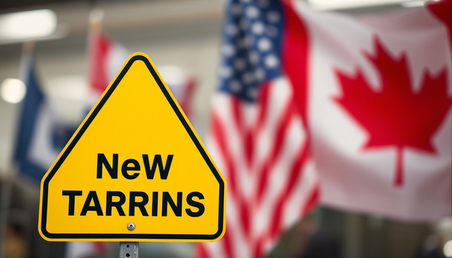 Tariffs Impact on Auto Industry sign in front of Canadian and U.S. flags.