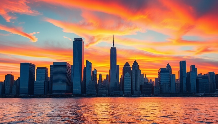 Futuristic New York 2040 skyline at sunset with reflections.