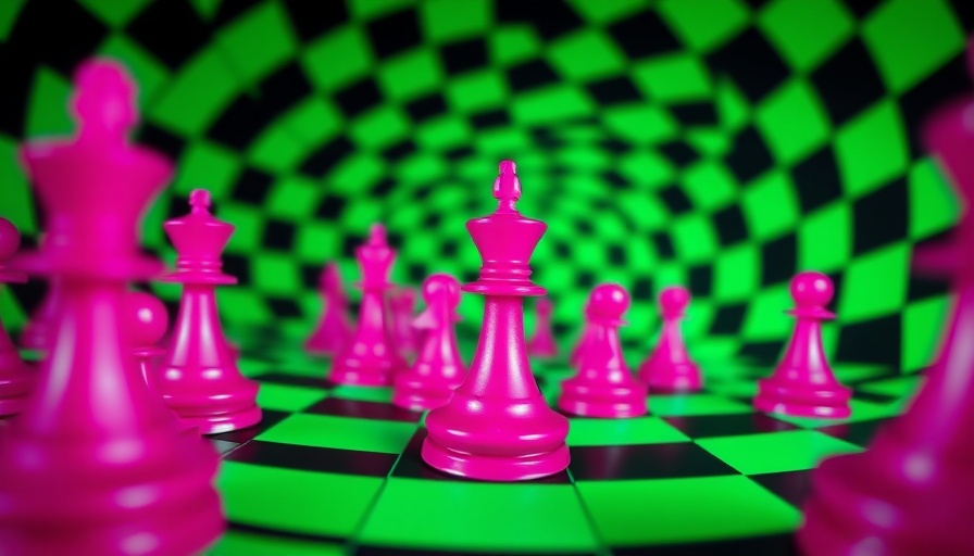Surreal magenta chess pieces in a green spiral, AI can cheat in chess theme.