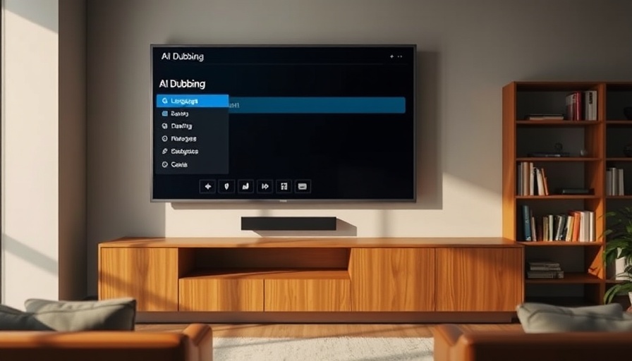 Sleek TV displaying AI dubbing options in a modern living room.