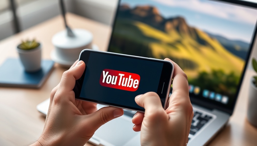 YouTube logo on smartphone held in hands, desk setup. YouTube Marketing for Dealerships.