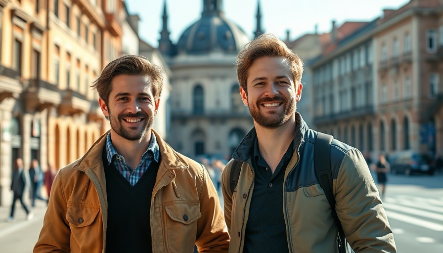 AI in cancer treatment illustrated with two men in a city setting.