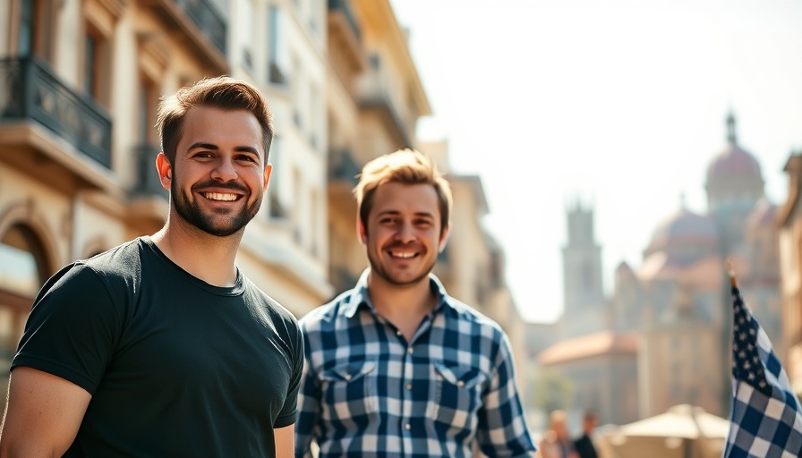 Urban setting with two men smiling outdoors.