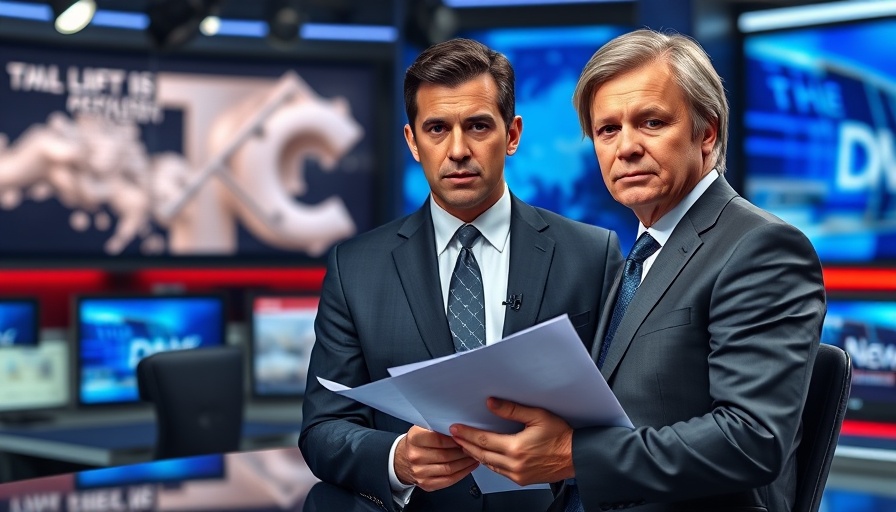 News anchor in a studio, holding papers, focused expression.