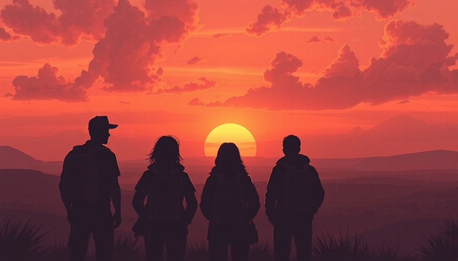 Digital illustration of people silhouetted at a border during sunset.