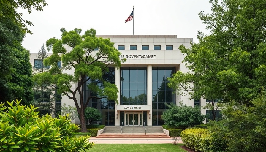 Modern government building with trees in foreground under soft daylight.