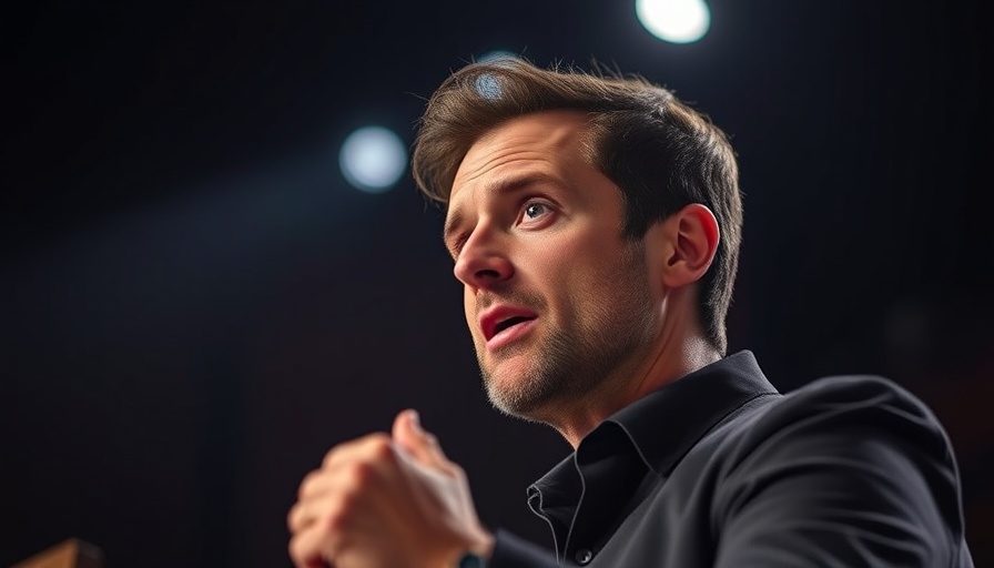 Confident speech delivery in dark auditorium, dramatic lighting