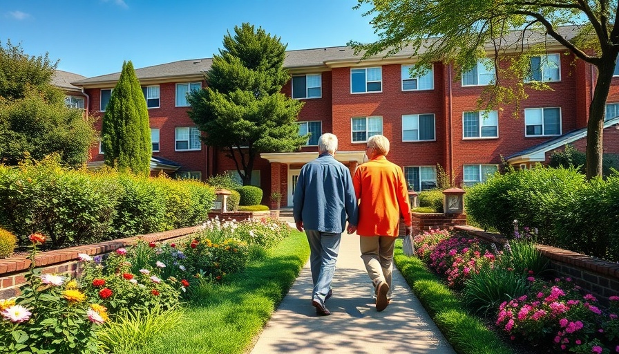 Elderly couple walking by senior housing complex, private investment in senior housing