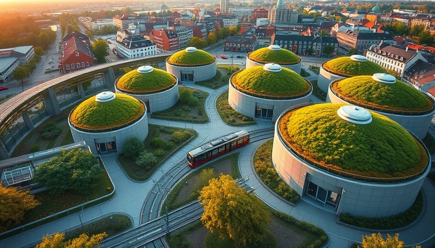 Innovative architecture in Denmark showcasing green roofs and tram.