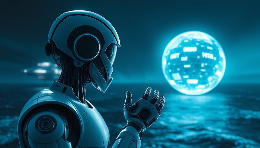 Futuristic humanoid robot with digital sphere and spaceship, cinematic view.