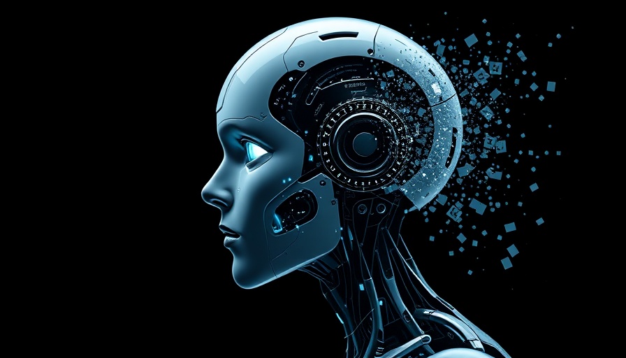 Futuristic robot with digital disintegration, representing AI solutions.