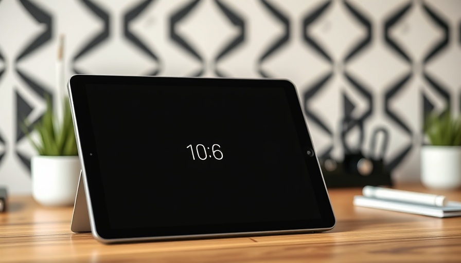 Sleek modern tablet in an office setting, focus on display.