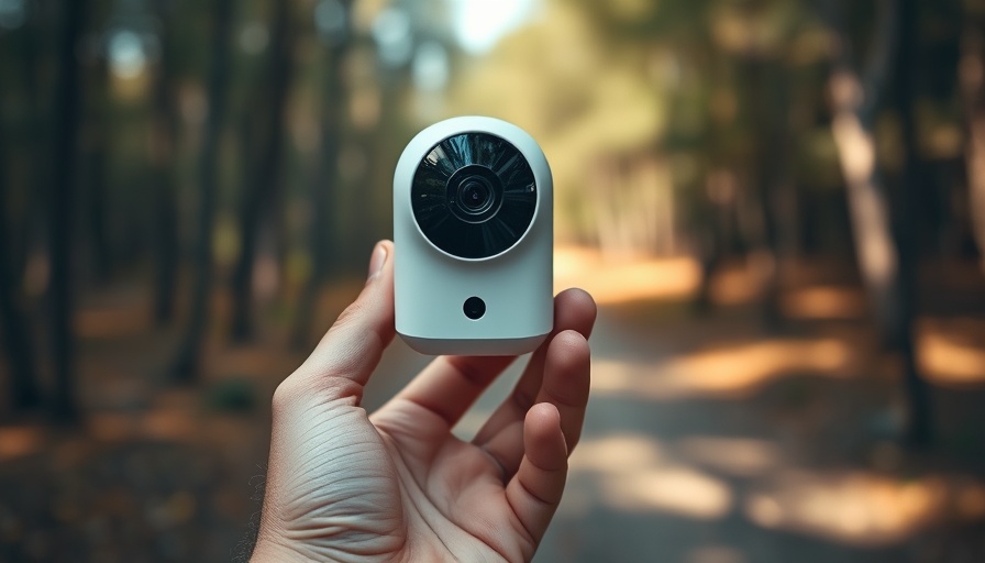 AI-powered outdoor security camera in hand amidst woodland.