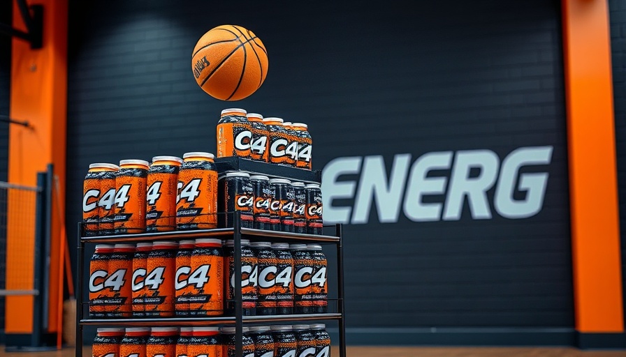Basketballs and C4 Energy cans on rack with branding in gym