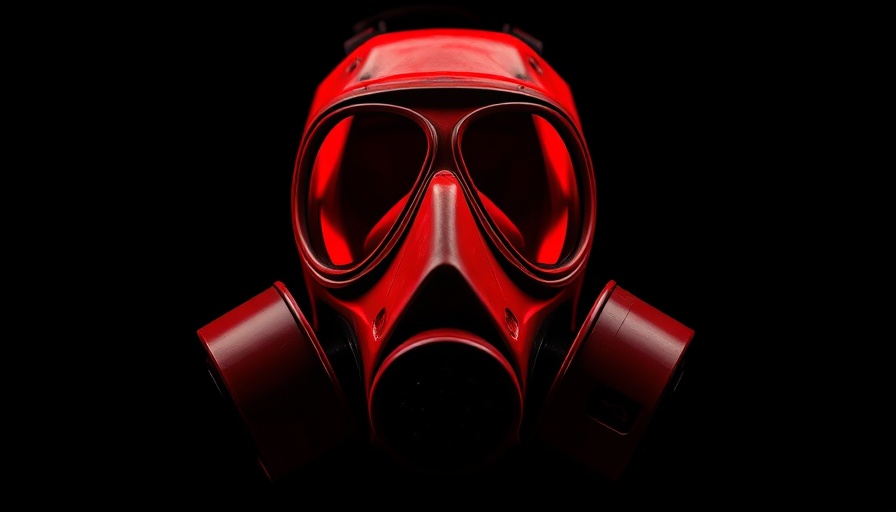 Vivid red gas mask, related to Pentagon cuts to weapons of mass destruction programs.