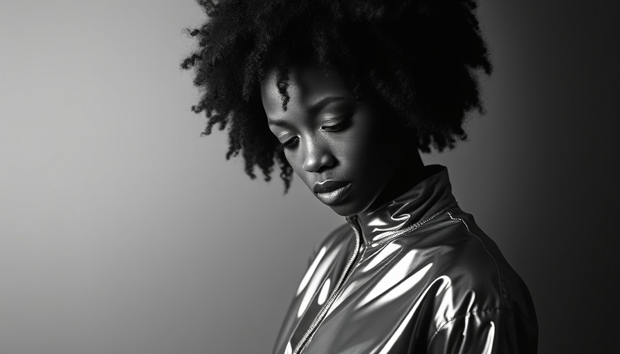 Expressive portrait with afro hair in metallic outfit reflecting light, black and white.