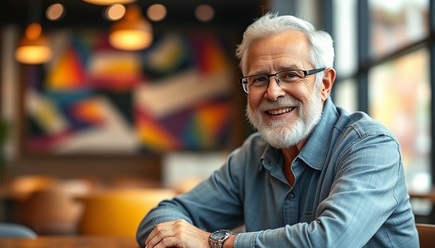 Older man smiling while seated, modern indoor setting.