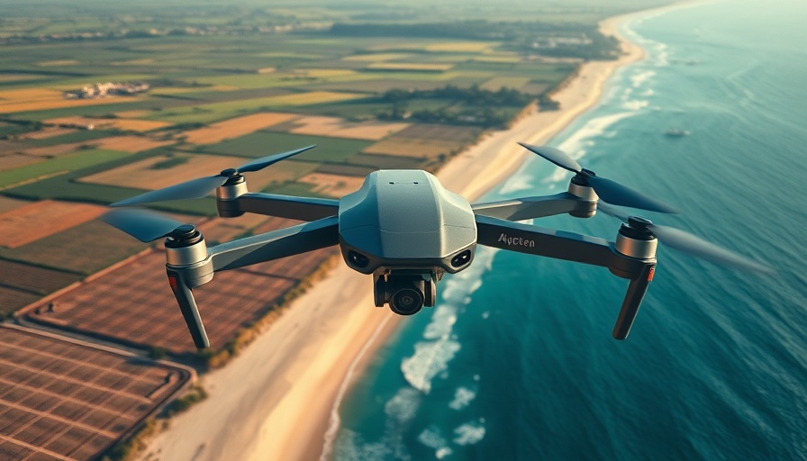 Advanced drone flying over coastal landscape showing Shield AI technology.