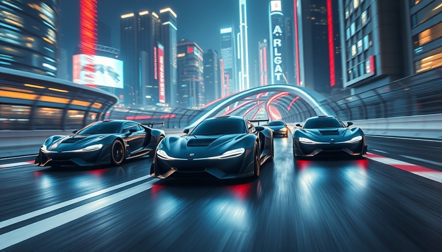 Autonomous racing showcasing sportsmanship in a neon-lit cityscape.