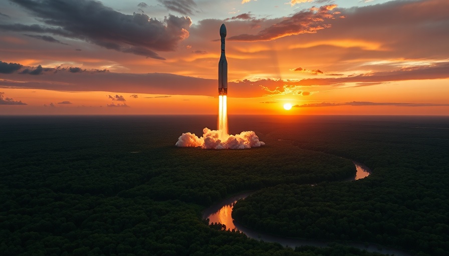 Ariane 6 rocket launch against a dramatic sunset sky.