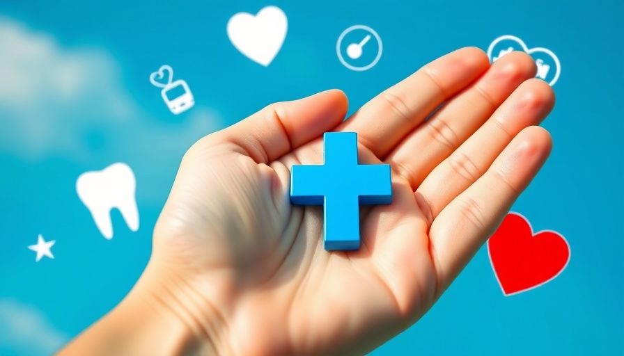 Hand holding a blue cross with medical icons on blue background.