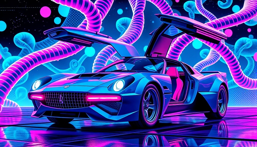 Futuristic retro car in sci-fi DNA theme, gene de-extinction concept