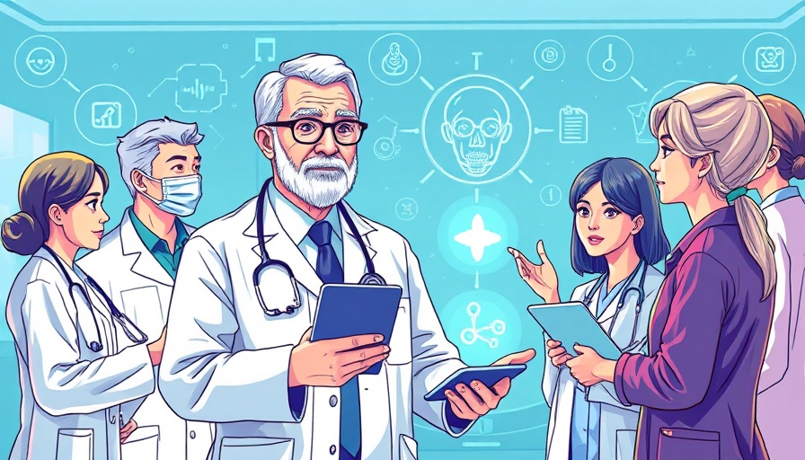 Generative AI in healthcare illustration with professionals discussing.