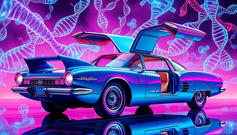 Futuristic car with open doors, DNA patterns in vibrant colors