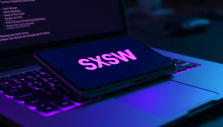 SXSW 2025 AI trends: Smartphone with SXSW logo on keyboard.