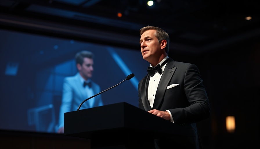 Tuxedoed man speaks at an awards event, Trey Yingst Journalist Awards.