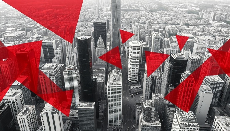 Abstract cityscape with red geometric overlays, symbolizing freedom cities innovation.