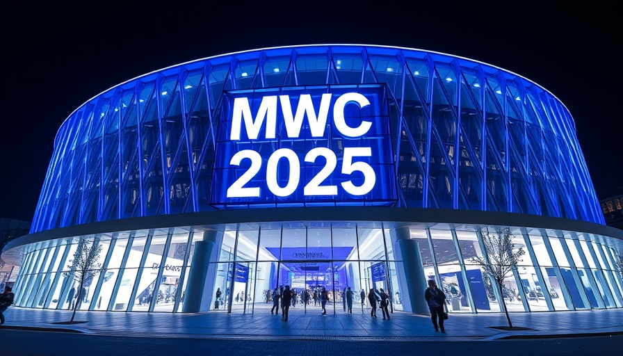 MWC 2025 building entrance at night displaying high-tech expo.