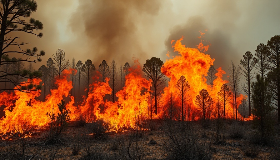 Carolina wildfires and extreme weather conditions: intense flames in forest.