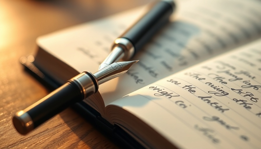 Notebook open with fountain pen, text summarization theme.