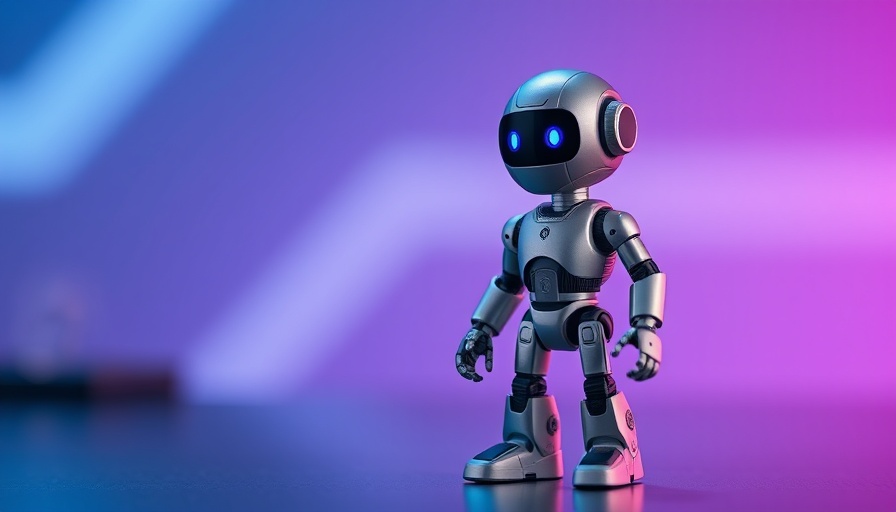 Futuristic robot on a table under blue and purple gradient lighting.