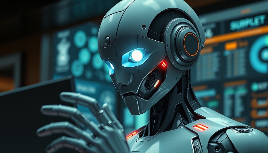 Futuristic robot with glowing eyes in a modern interior setting.