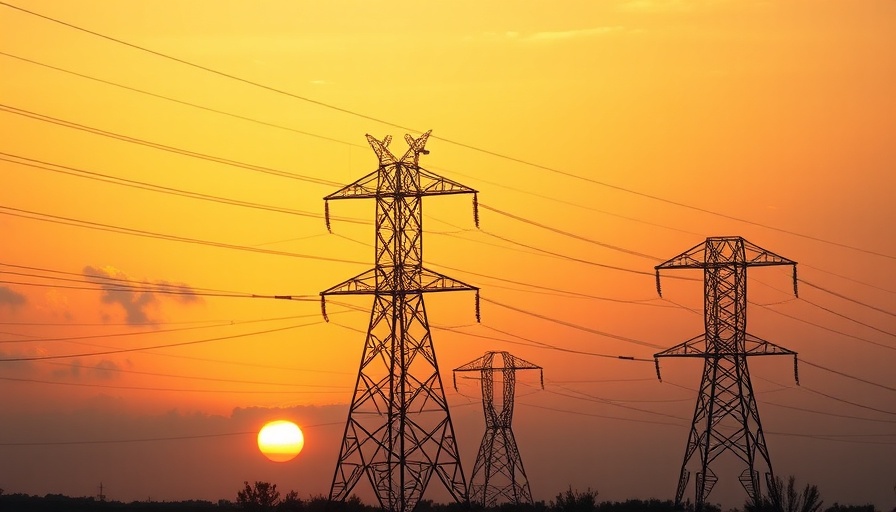 Electrical towers evoking Advanced Transmission Technologies at sunset.