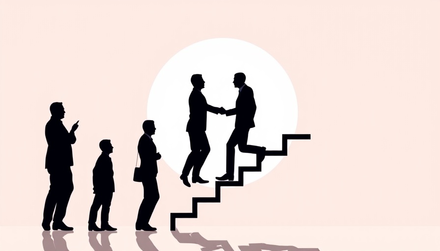Abstract business deal illustration with handshake and ladder, agency sold to private equity.