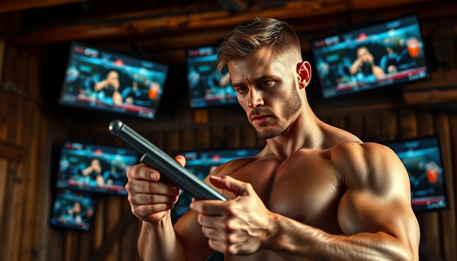 Muscular man in rustic room examining tools, screens display wrestling content.