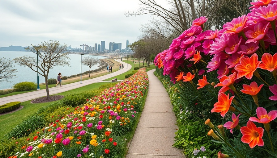 Scenic park in Vancouver with vibrant flowers and coastline.