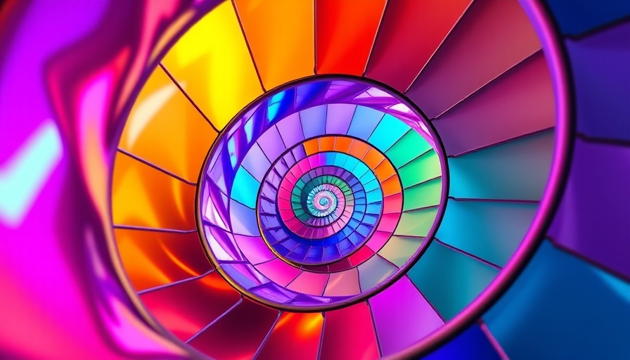 Abstract spiral staircase with metallic colors in soft lighting.